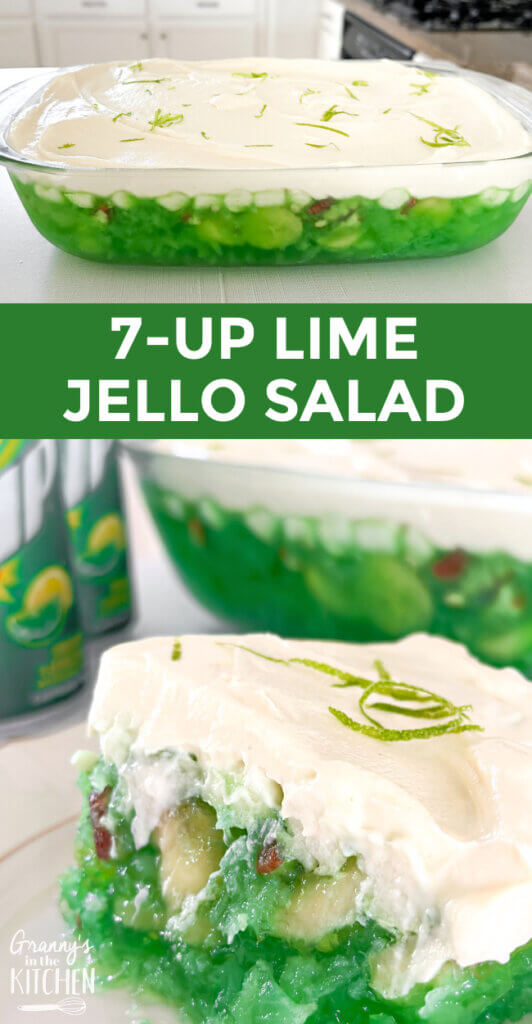 2 photo vertical Pinterest collage of bright green jello dessert; text overlay "7-up lime jello salad"