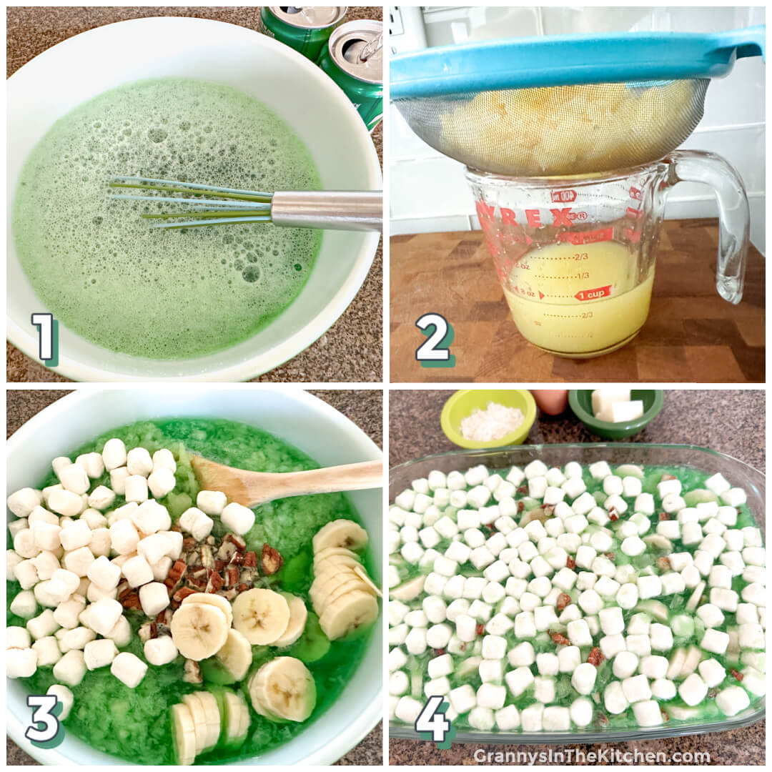 4 step photo collage showing how to make lime jello salad