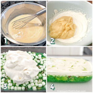 4 step photo collage showing how to make a creamy topping for lime jello salad