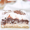 close up of a slice of layered pudding dessert; text overlay "chocolate delight"