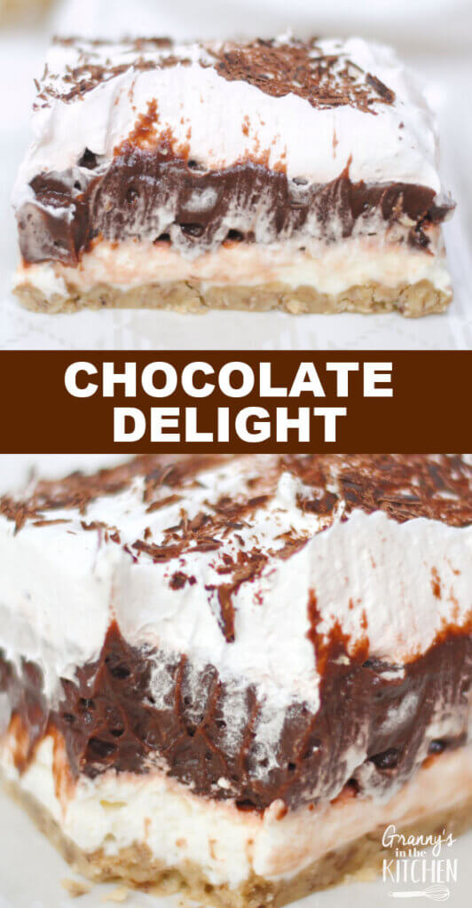 2 photo vertical Pinterest collage showing a layered chocolate delight dessert