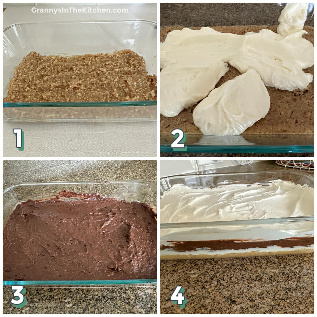 4 step photo collage showing how to make a layered chocolate pudding dessert