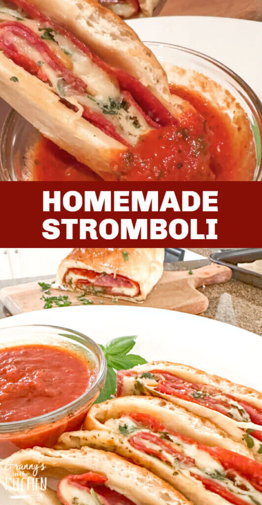 2 photo Pinterest collage showing stromboli on plate and dipping in sauce; text overlay "Homemade Stromboli"