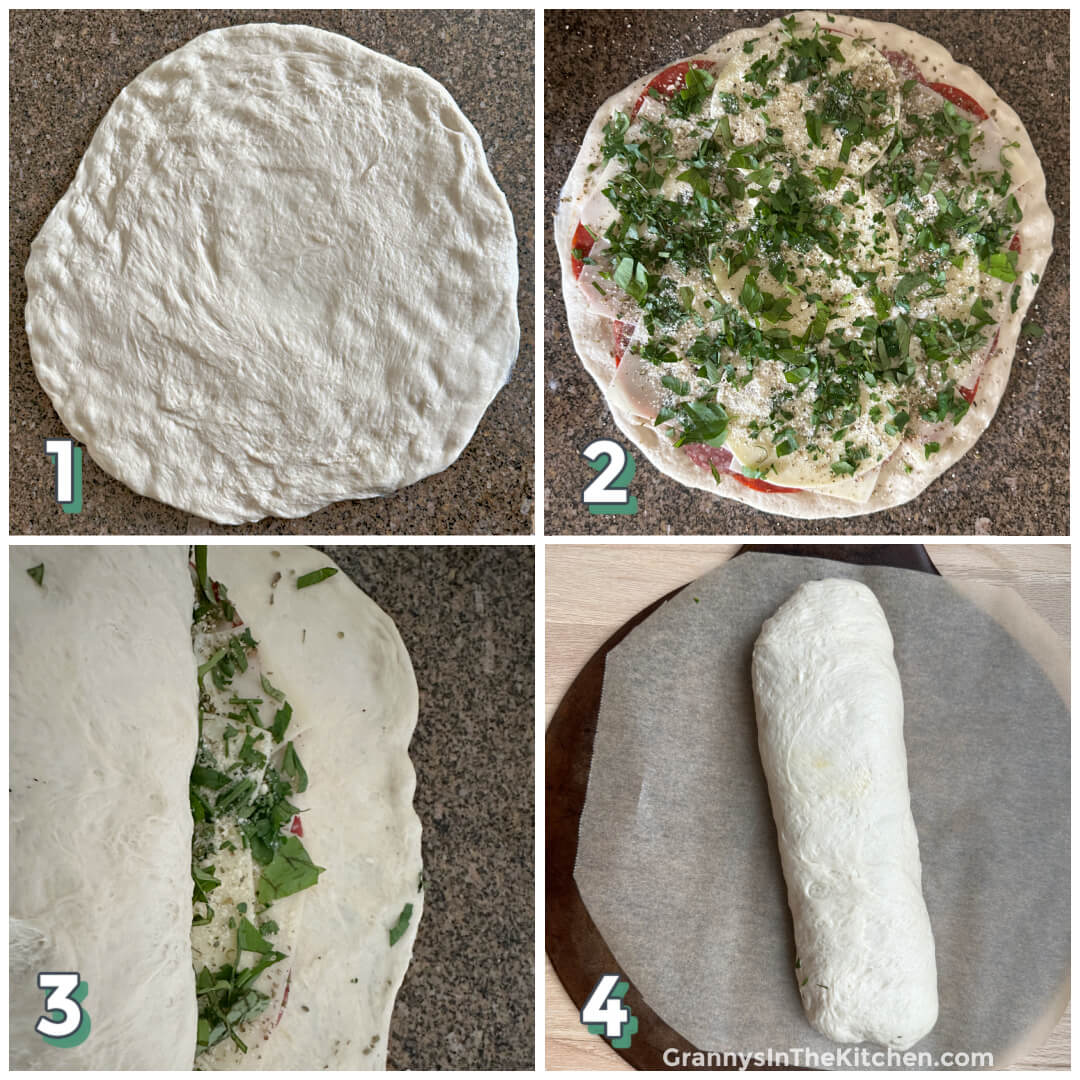 4 step photo collage showing how to layer and roll homemade stromboli