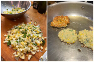 2 photo collage showing how to make yellow squash patties