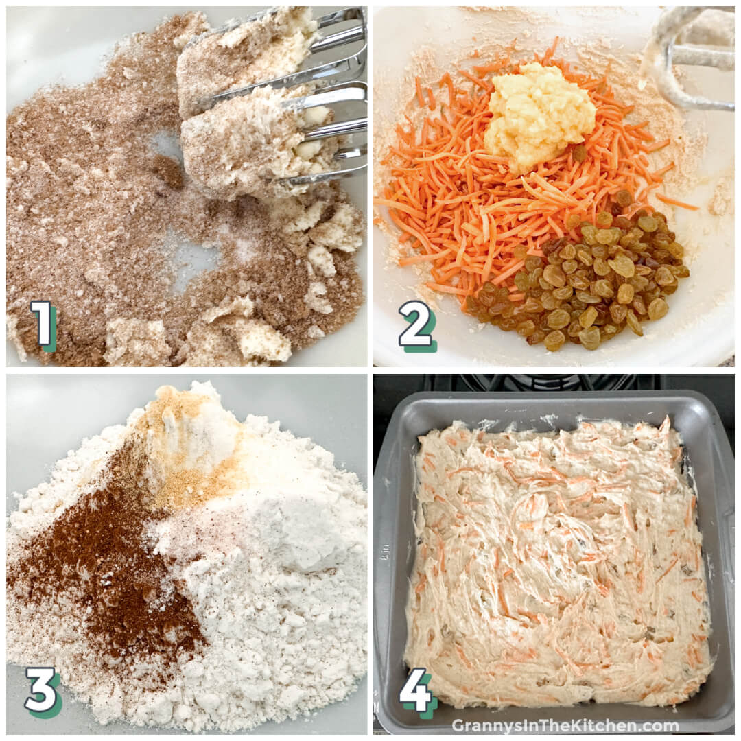 4 step photo collage showing how to make carrot cake batter