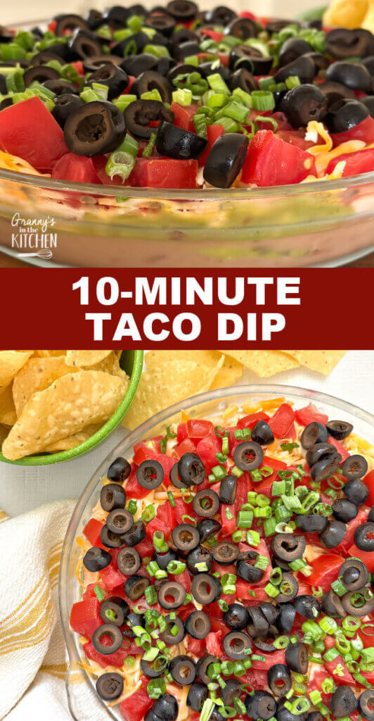2 photo vertical Pinterest collage showing a layered taco dip appetizer; text overlay "10-Minute Taco Dip"