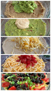 5 step photo collage showing how to layer taco dip