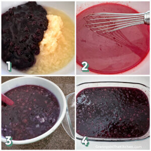 4 step photo collage showing how to make blueberry salad filling