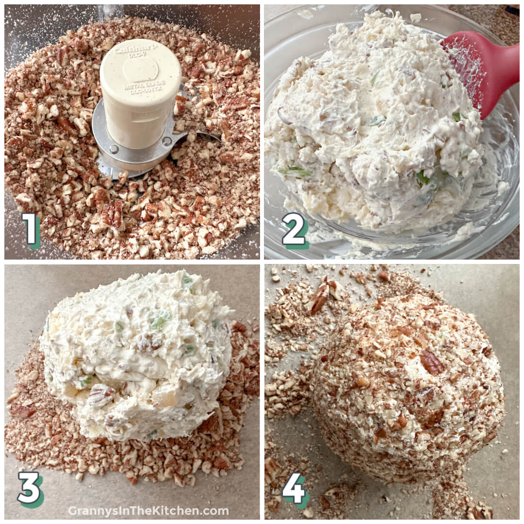 4 step photo collage showing how to make pecan crusted cheeseball