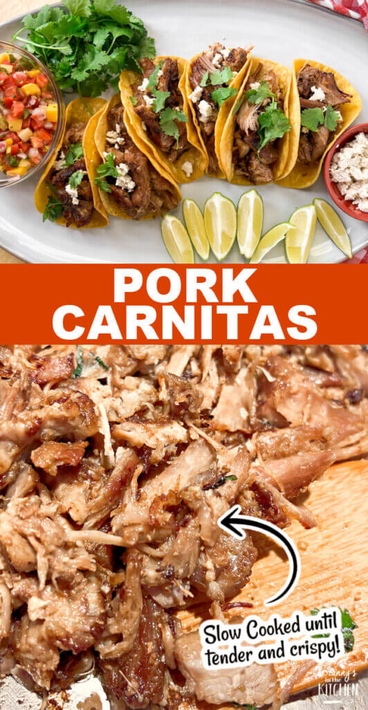 2 photo vertical Pinterest collage showing tacos and roasted pork; text overlay "Pork Carnitas"
