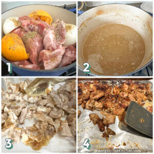 4 step photo collage showing how to make pork carnitas