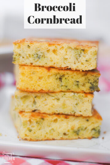 stack of cornbread squares; text overlay "Broccoli Cornbread"