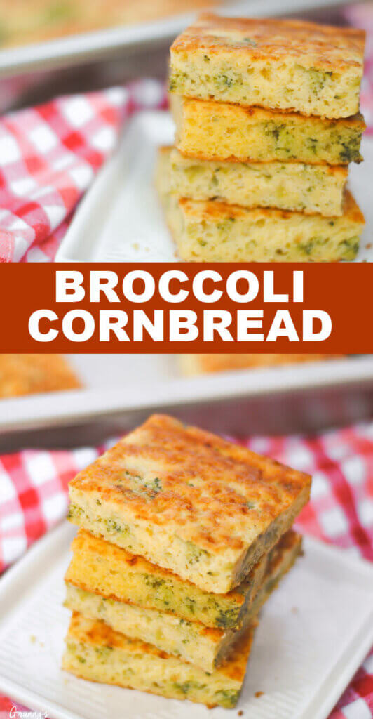2 photo vertical Pinterest image of homemade cornbread; text overlay "Broccoli Cornbread"