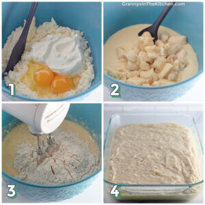 4 step photo collage showing how to make banana cake batter