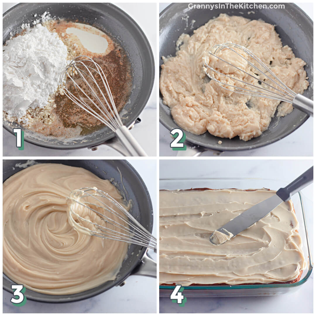 4 step photo collage showing how to make browned butter icing in a skillet