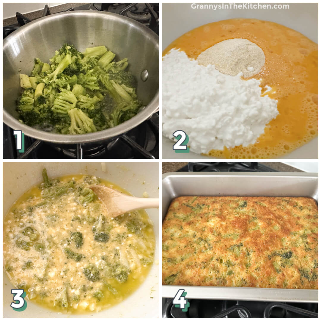 4 step photo collage showing how to bake broccoli cornbread