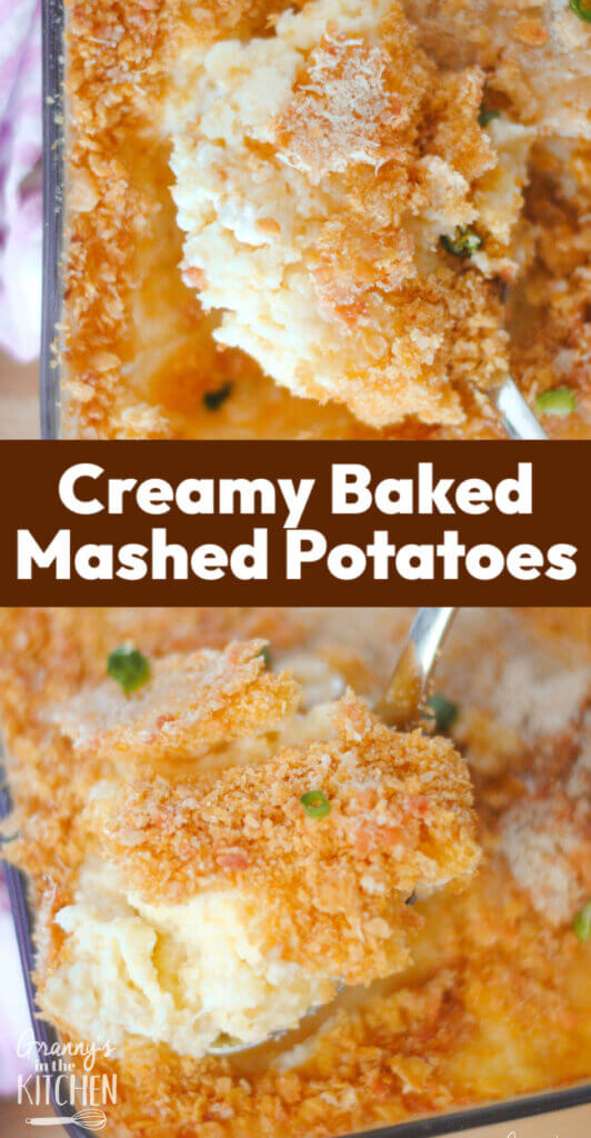 2 photo vertical Pinterest collage of creamy baked mashed potatoes.