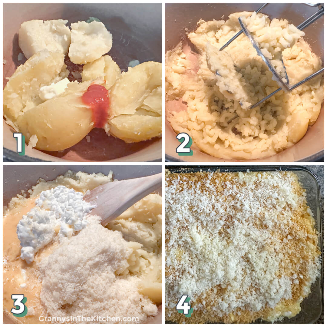 4 step photo collage showing how to make mashed potatoes and prepare for baking.