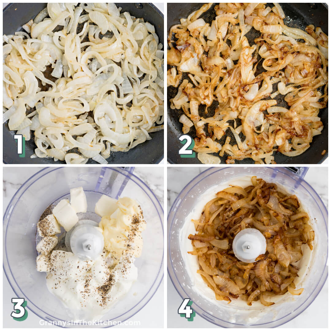4 step photo collage showing how to make French onion dip by caramelizing onions.