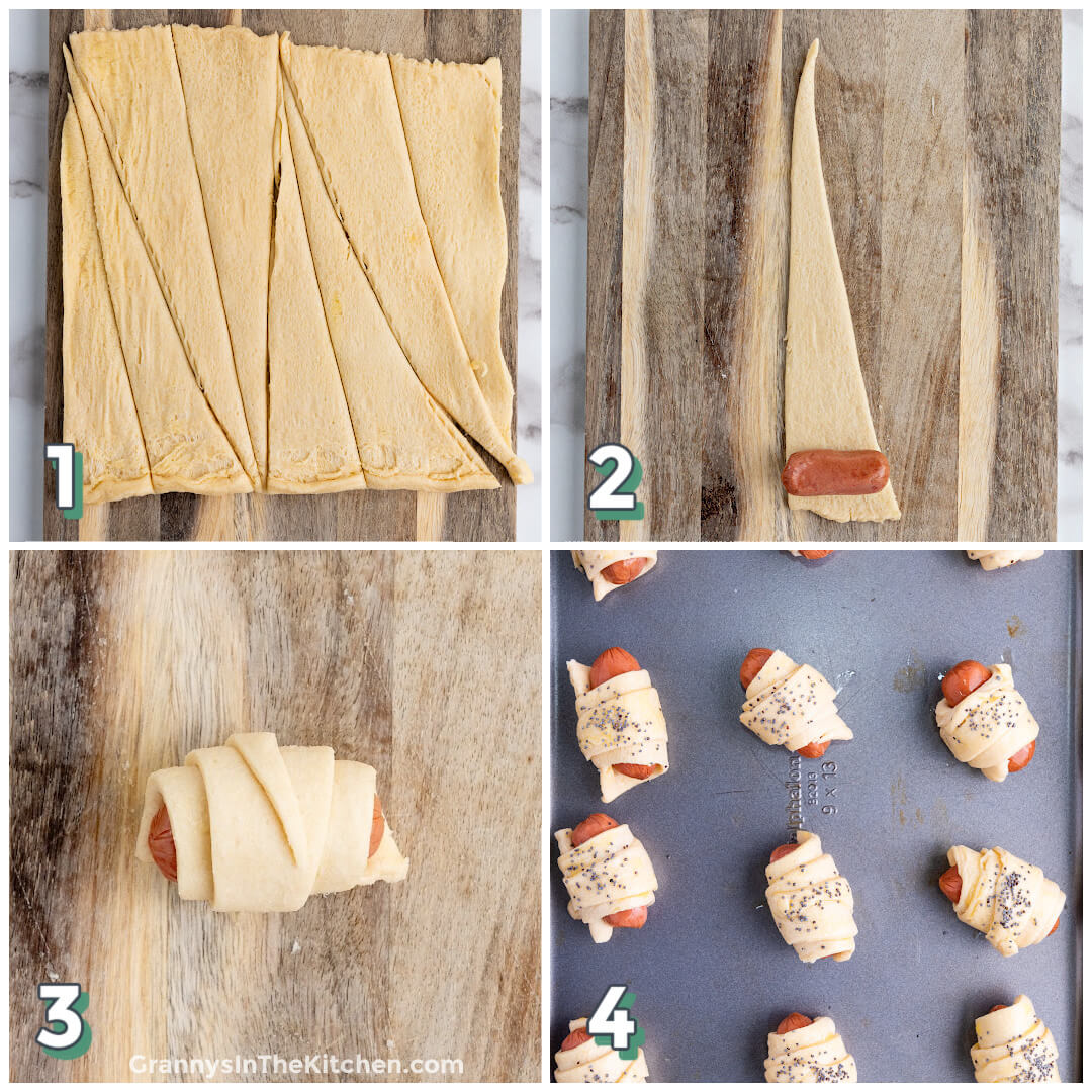 4 step photo collage showing how to roll up mini pigs in a blanket