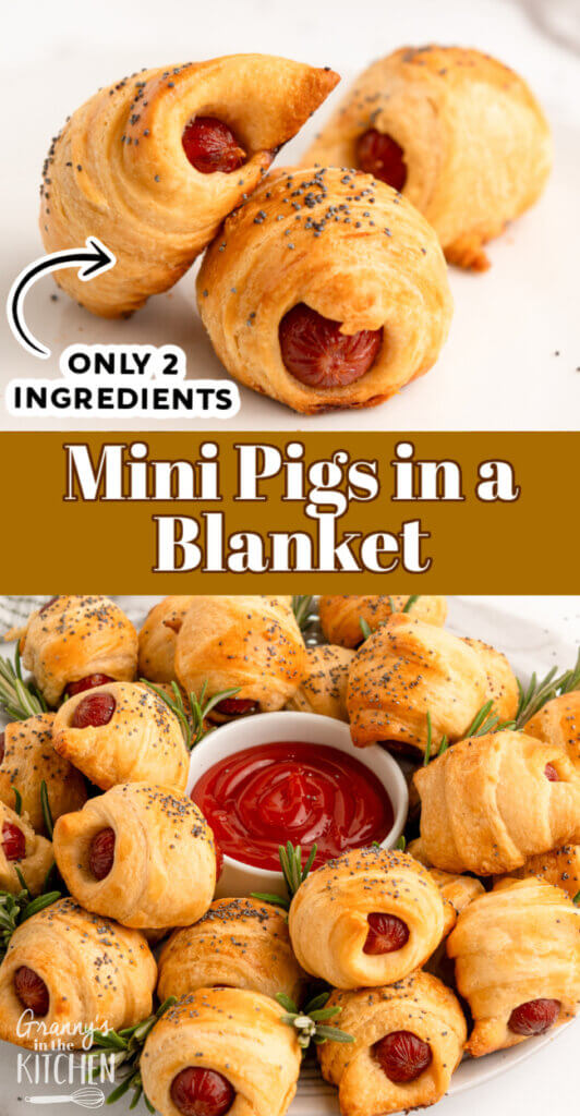 2 photo vertical Pinterest collage of mini pigs in a blanket recipe