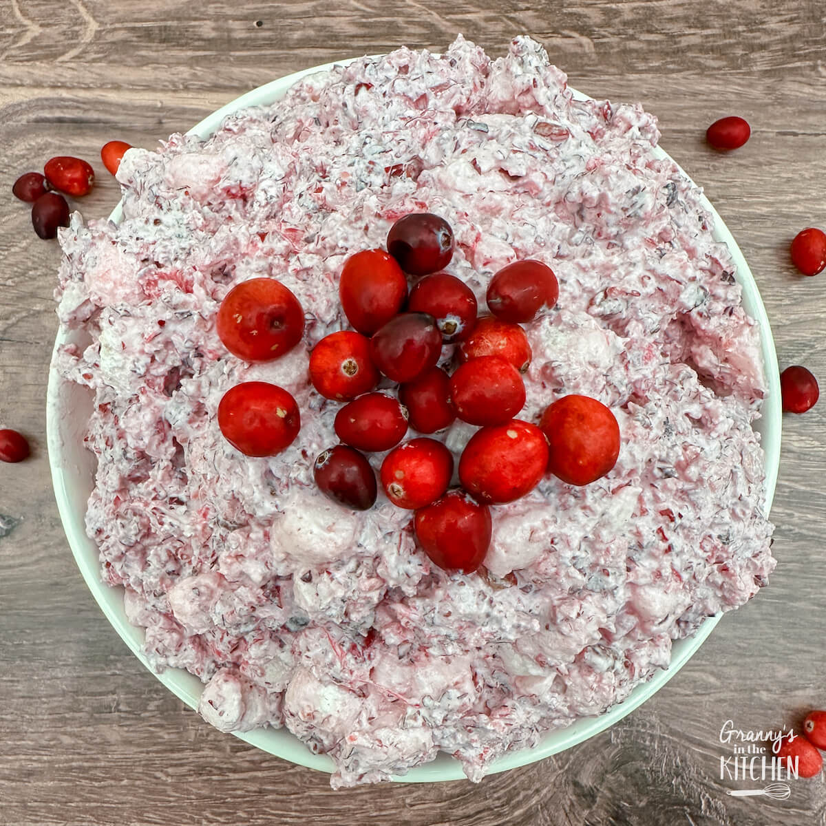 top down view of a bowl of vintage cranberry fluff salad topped with whole cranberries.