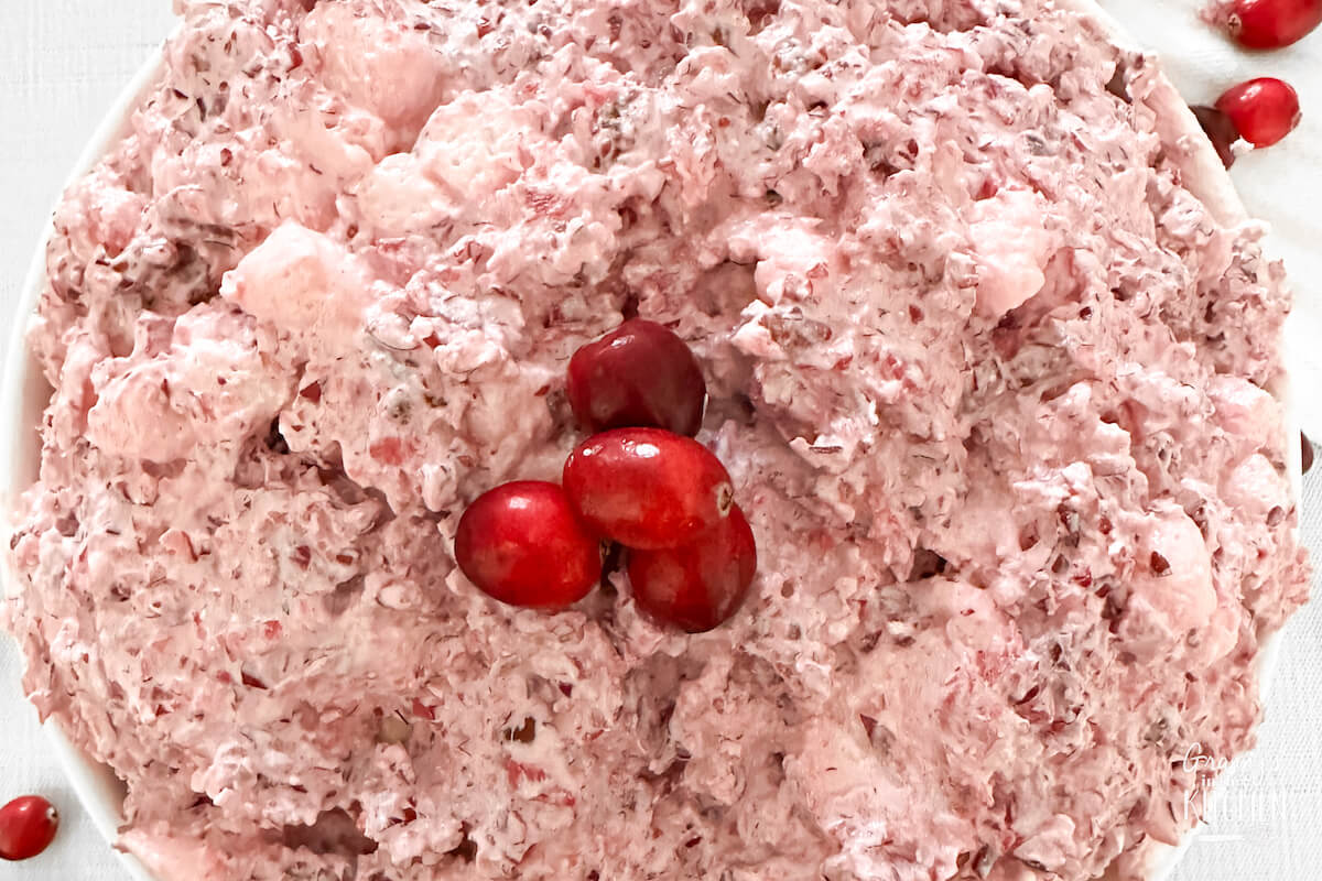 close up of cranberry fluff salad.