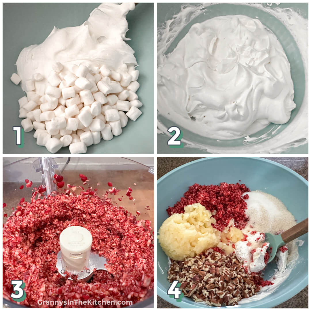 4-step photo collage showing how to make cranberry fluff salad.