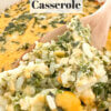 close up of a spoonful of spinach rice casserole, with text overlay of recipe name.