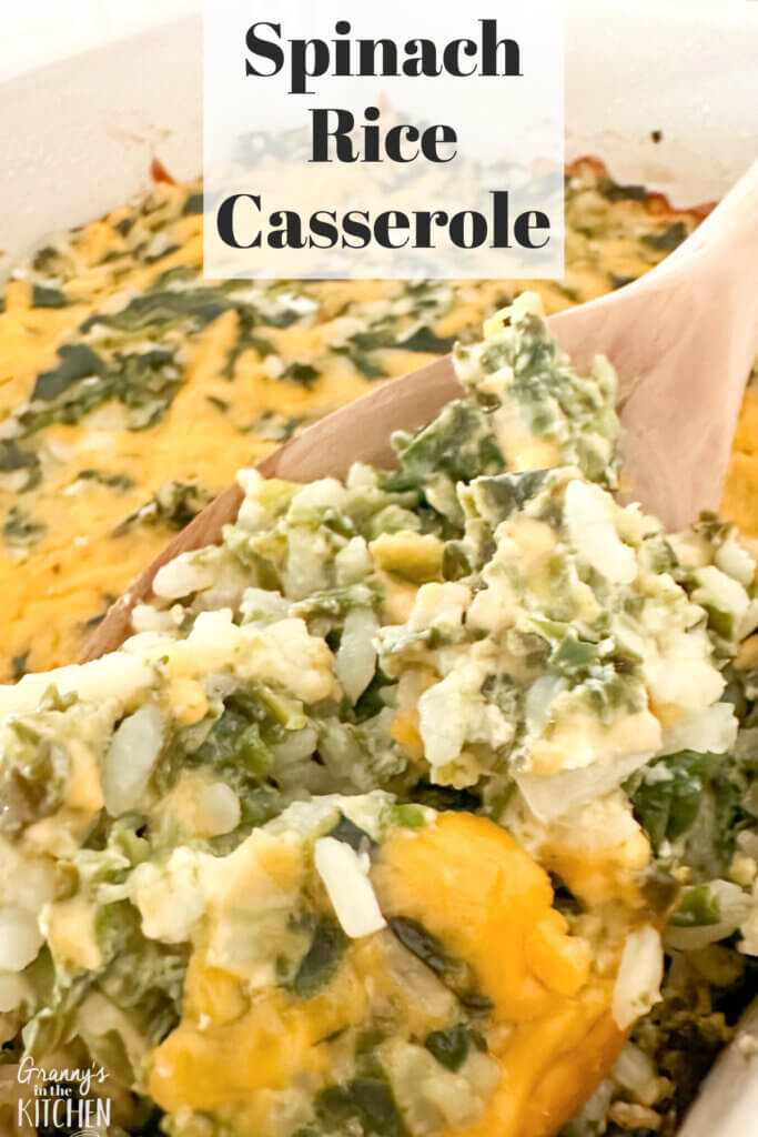 close up of a spoonful of spinach rice casserole, with text overlay of recipe name.