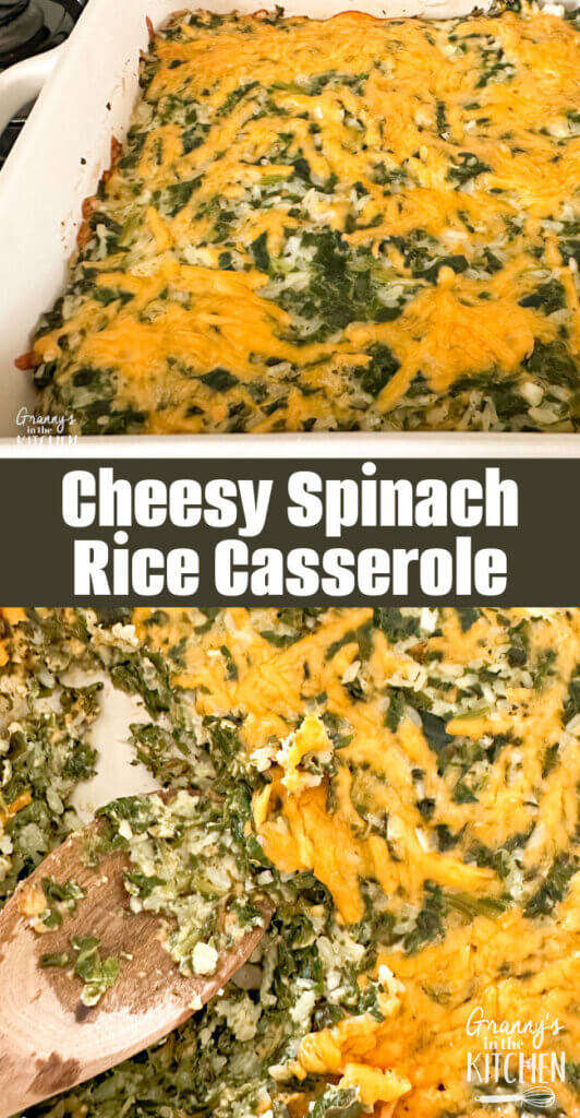 2 photo vertical Pinterest collage of a cheesy spinach casserole