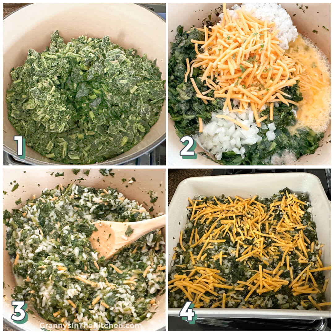 4 step photo collage showing how to make a spinach rice casserole.
