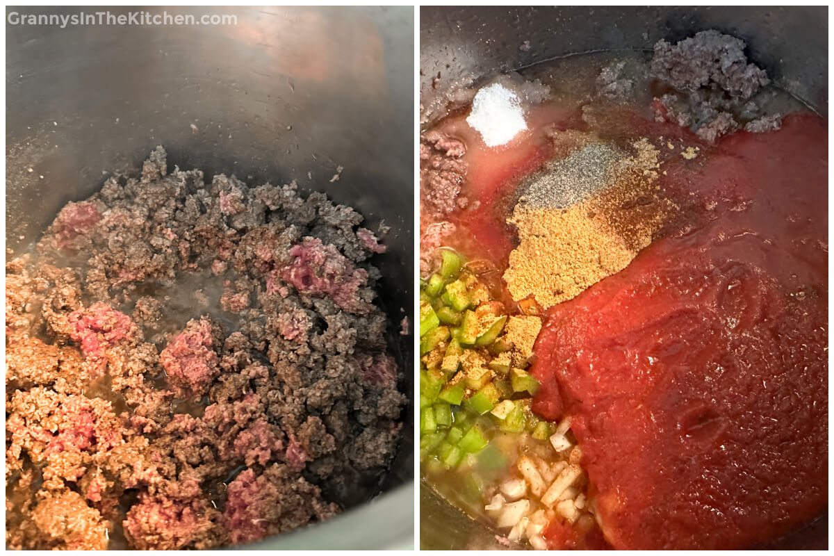 2 step photo collage showing how to brown chili meat and add remaining ingredients to pot.