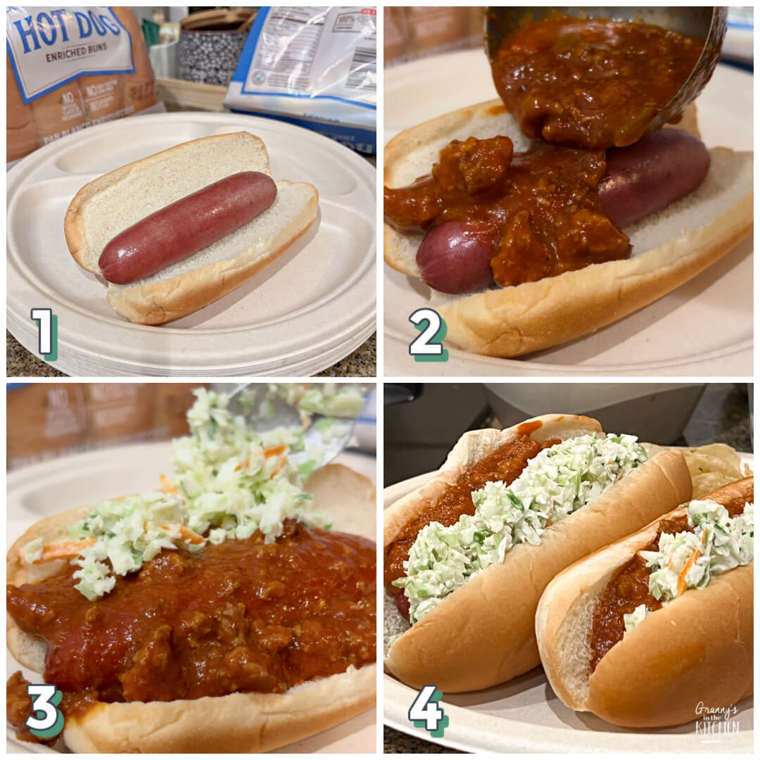 4 step photo collage showing how to make a West Virginia hot dog.