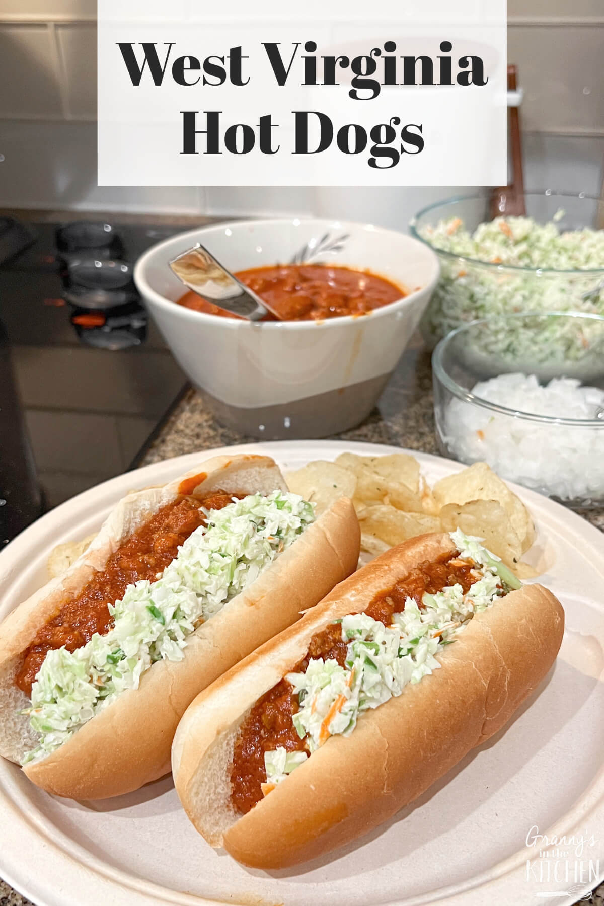 two hot dogs topped with chili and slaw, text overlay "West Virginia Hot Dogs".