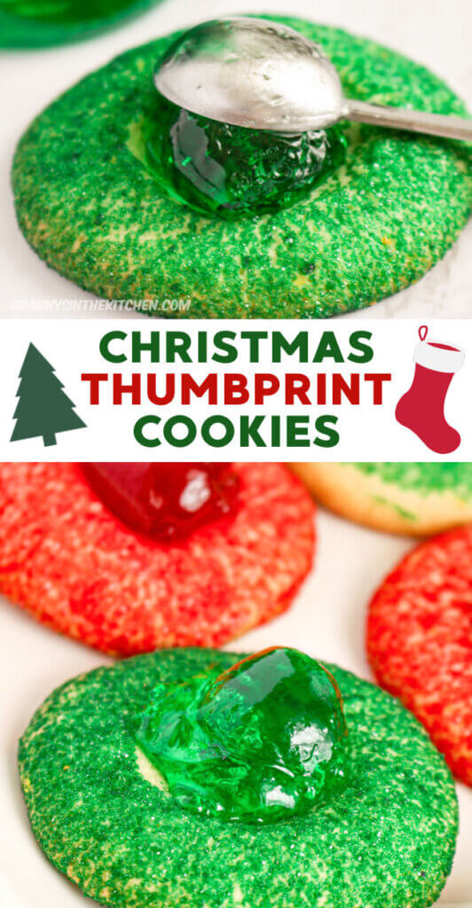 2 photo vertical Pinterest collage for Christmas Thumbprint Cookie recipe.