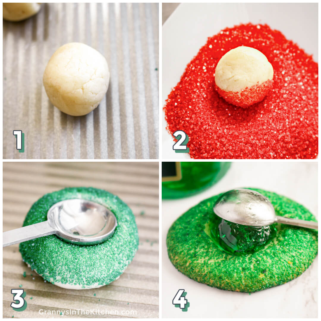 4-step photo collage showing how to make Christmas thumbprint cookies.