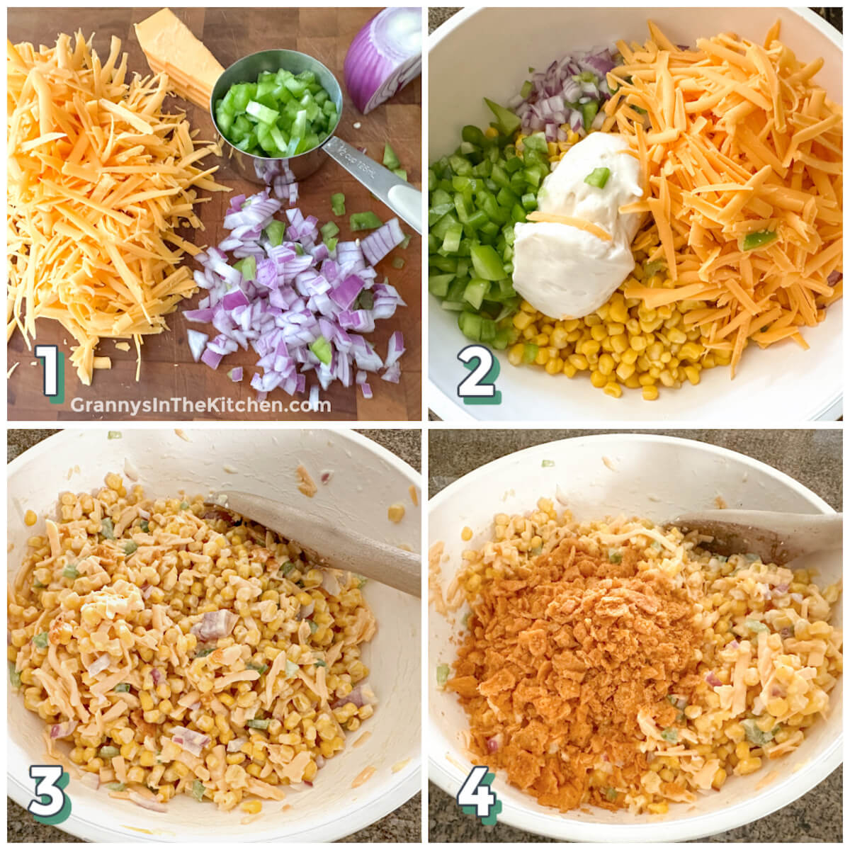 4 step photo collage showing how to make Frito corn salad.