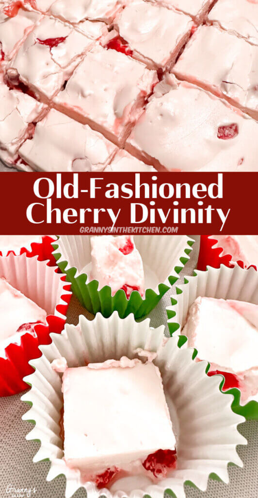 2 photo Pinterest collage for old-fashioned cherry divinity candy.