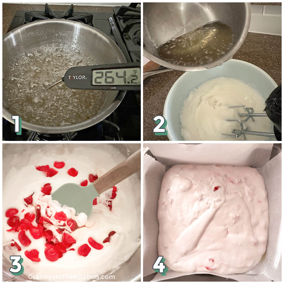 4-step photo collage showing how to make cherry divinity candy.