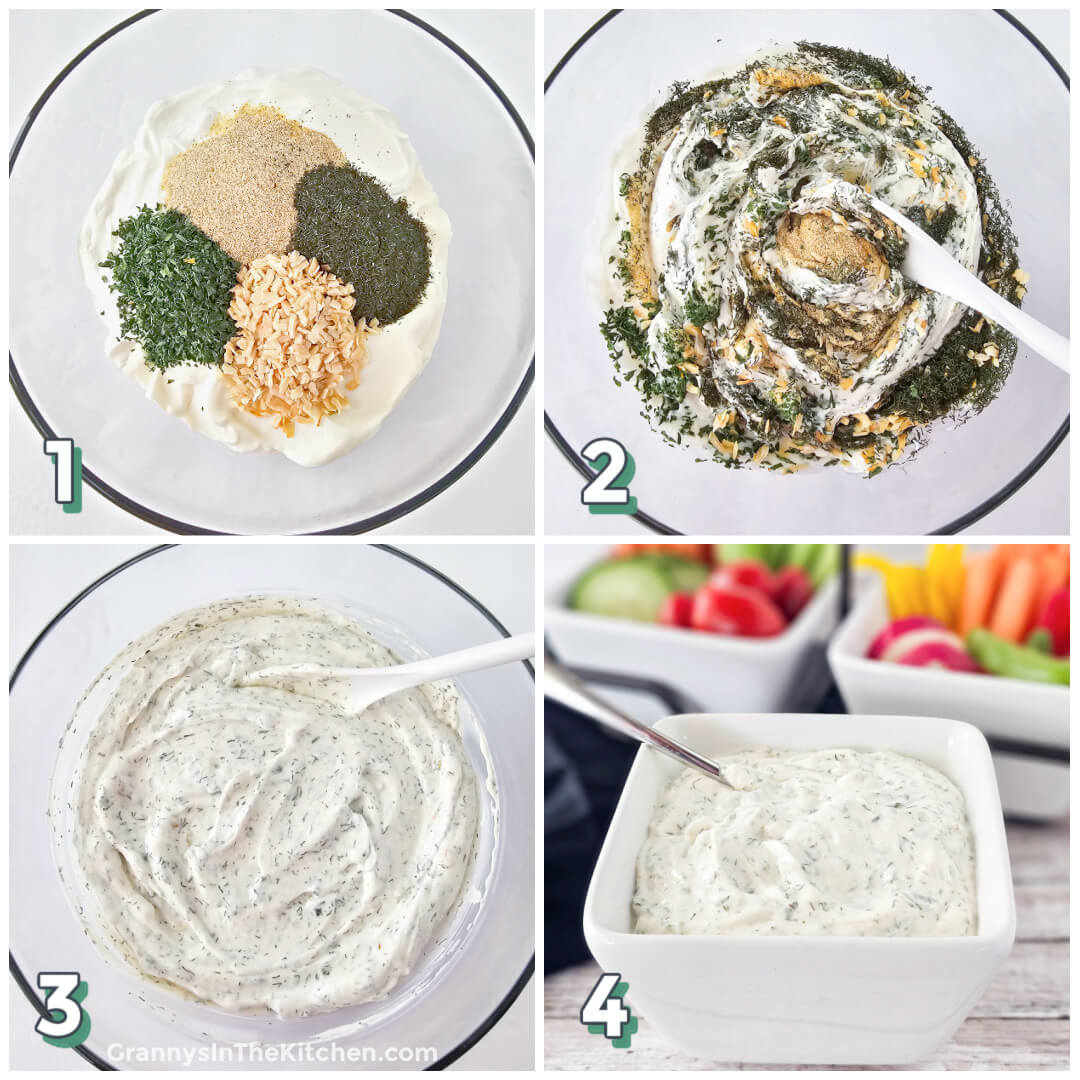 4 step photo collage showing how to mix up dill dip.