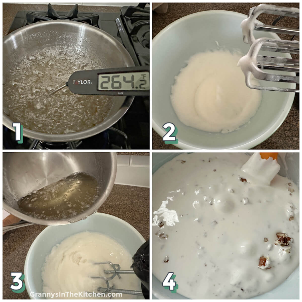 4 step photo collage showing how to make homemade divinity candy.