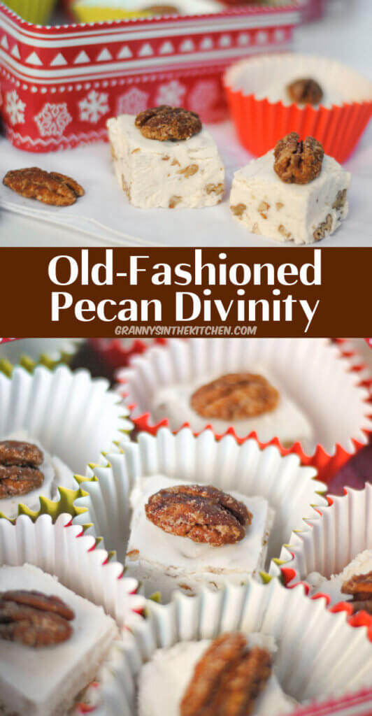 2 photo vertical Pinterest collage for Old-Fashioned Pecan Divinity.