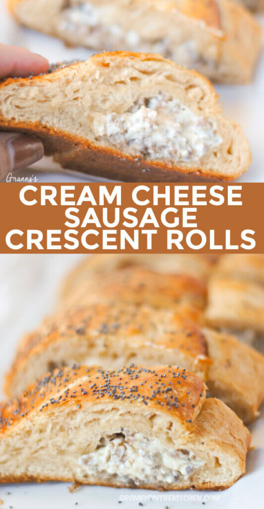 2 photo vertical Pinterest collage for a Cream Cheese Sausage Crescent Rolls.