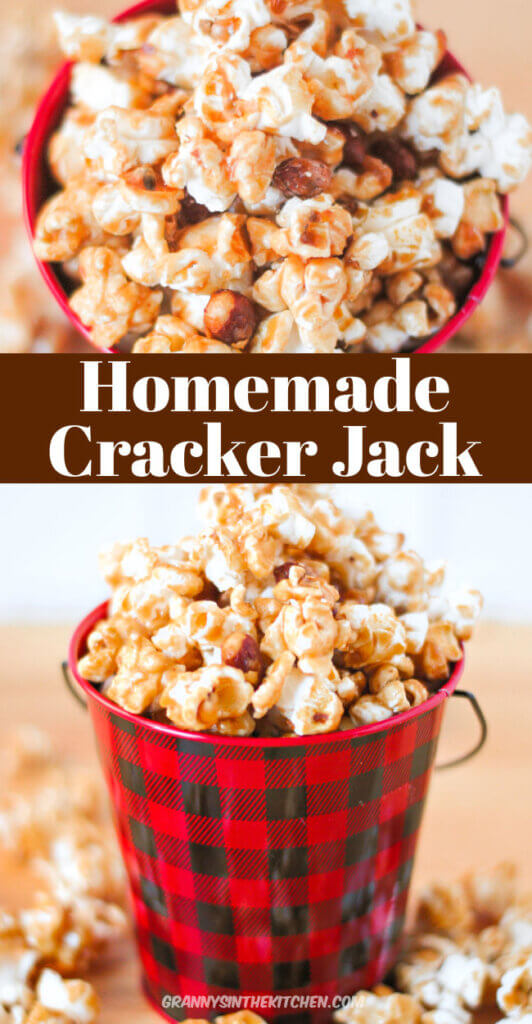 2 photo vertical Pinterest collage showing a homemade Cracker Jack recipe.
