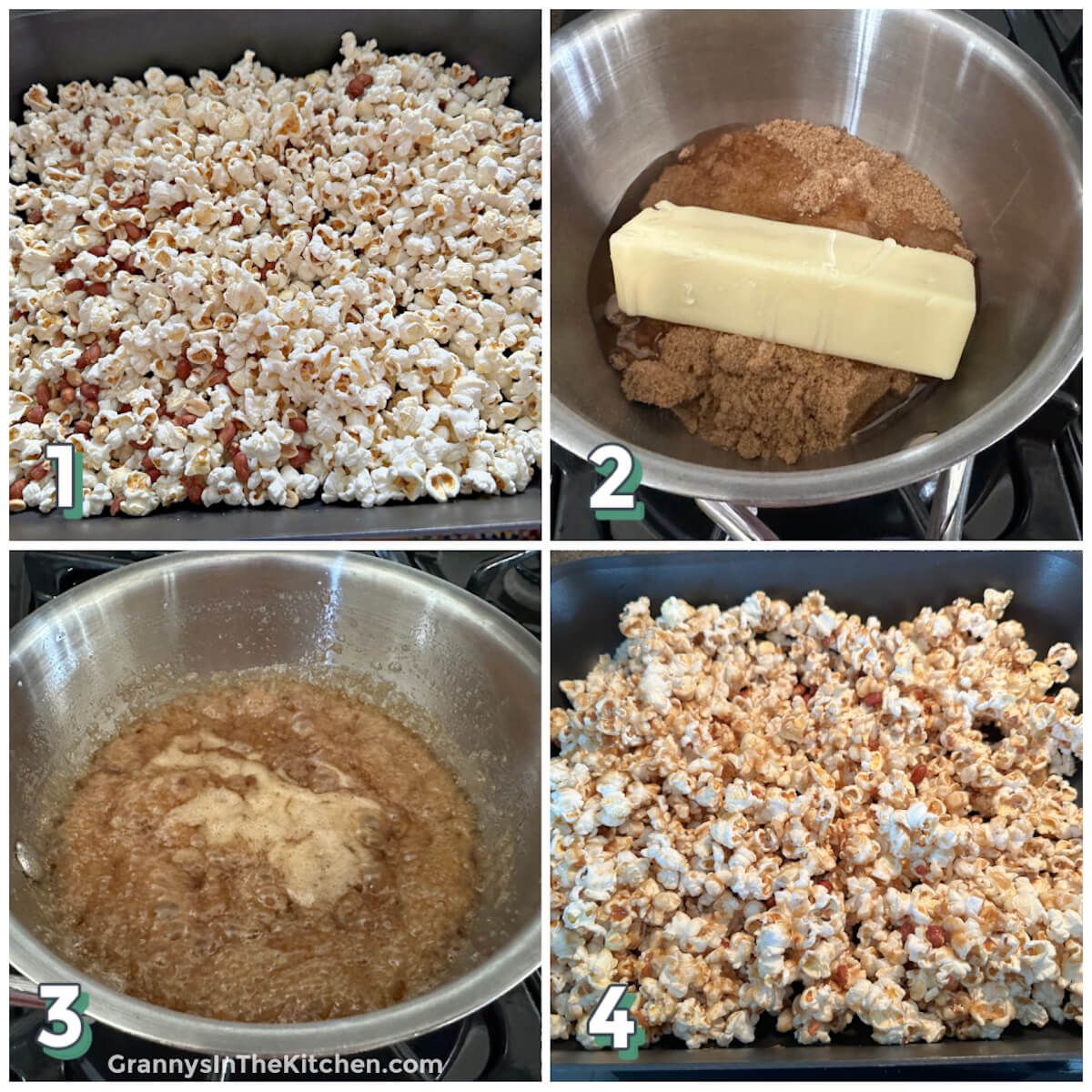 4-step photo collage showing how to make caramel popcorn.
