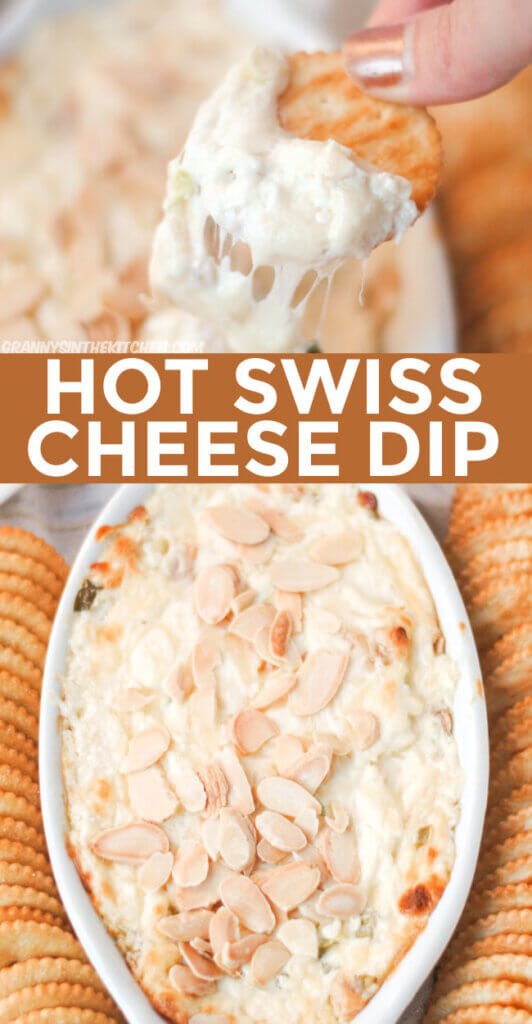 2 photo vertical Pinterest collage for "hot Swiss cheese dip".