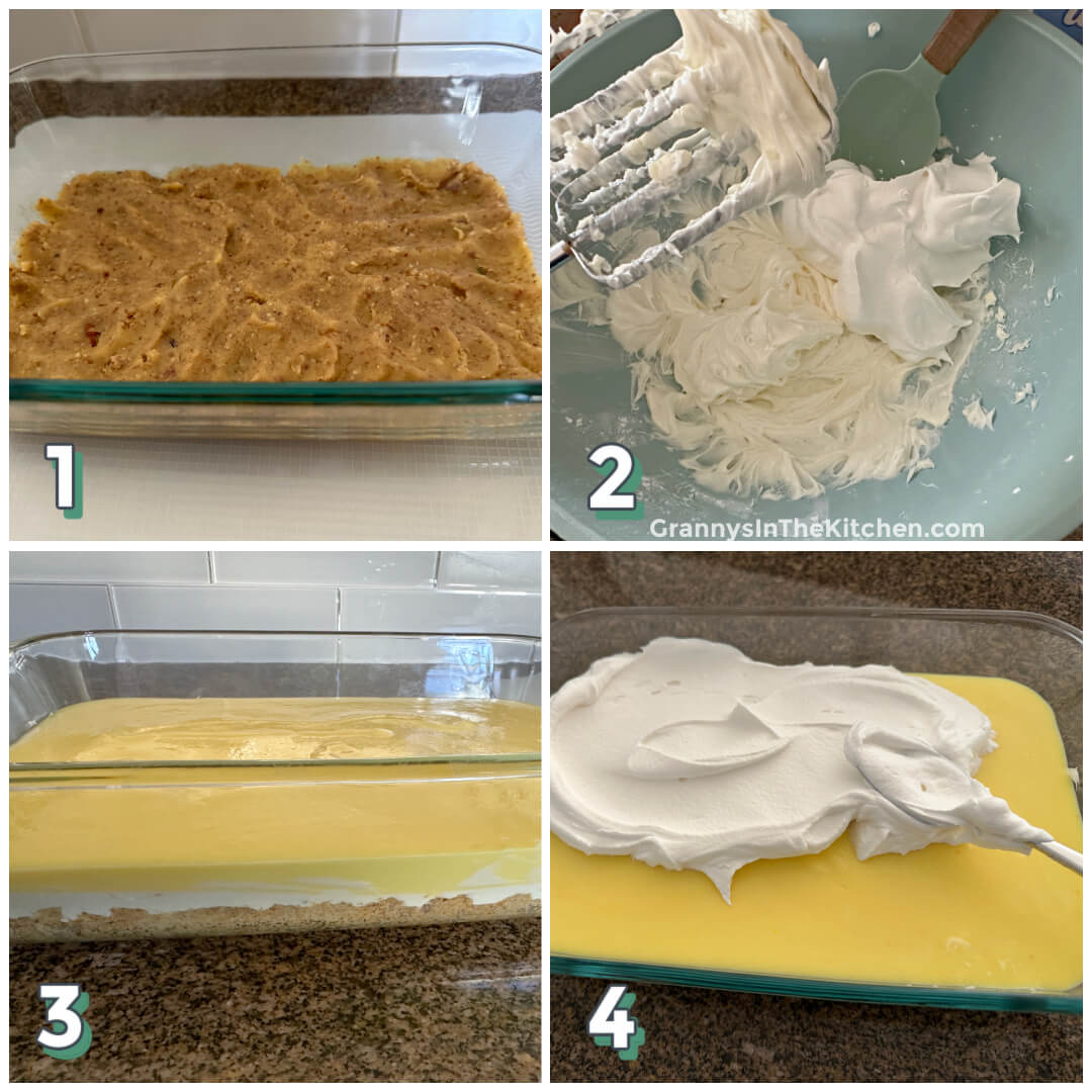 4 step photo collage showing how to make layered lemon dessert.