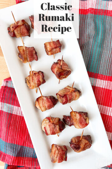 plate of bacon-wrapped bites of chicken liver; text overlay "Classic Rumaki Recipe".
